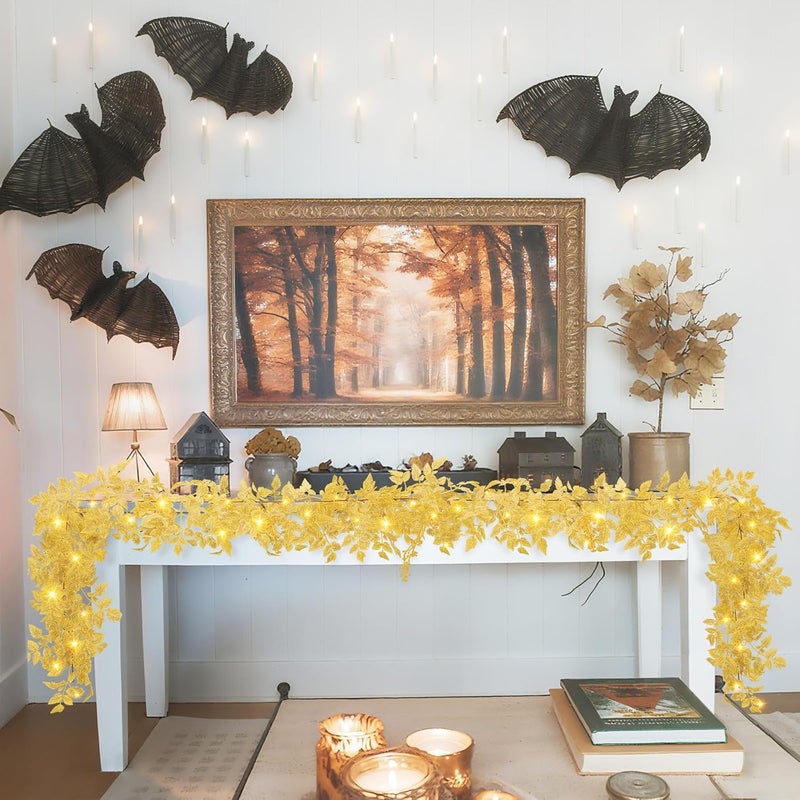 NUTIKAS Neutral Fall Garland for Mantle Fireplace - 2 Pack 6Ft Plum Cimicifuga Seeded Leaf Garlands Yellow Autumn Décor Table Decorations for Home Indoor Door Halloween Realistic Leaves Garlands Outdoor - Image 4