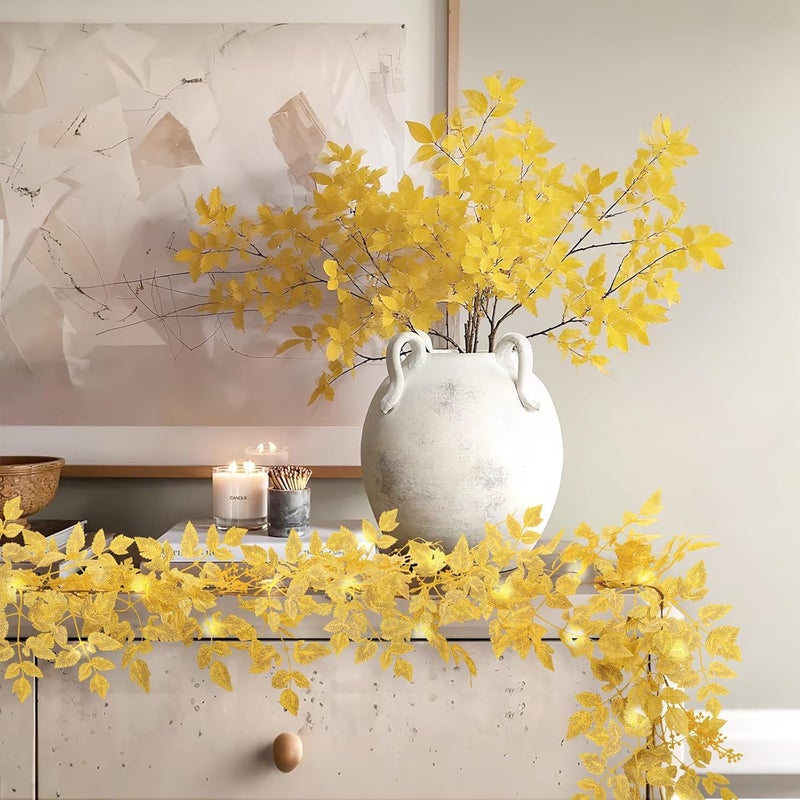 NUTIKAS Neutral Fall Garland for Mantle Fireplace - 2 Pack 6Ft Plum Cimicifuga Seeded Leaf Garlands Yellow Autumn Décor Table Decorations for Home Indoor Door Halloween Realistic Leaves Garlands Outdoor - Image 2