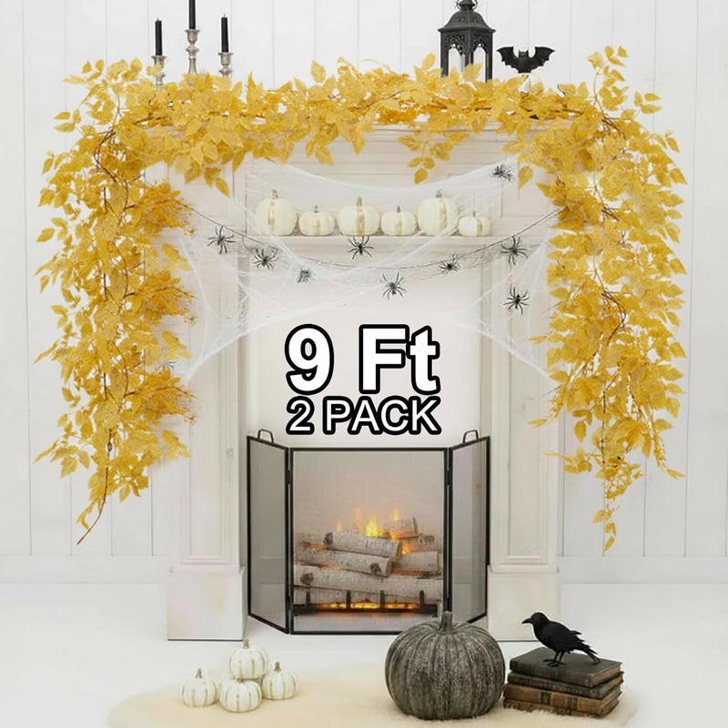 NUTIKAS Neutral Fall Garland for Mantle Fireplace - 2 Pack 6Ft Plum Cimicifuga Seeded Leaf Garlands Yellow Autumn Décor Table Decorations for Home Indoor Door Halloween Realistic Leaves Garlands Outdoor - Image 1
