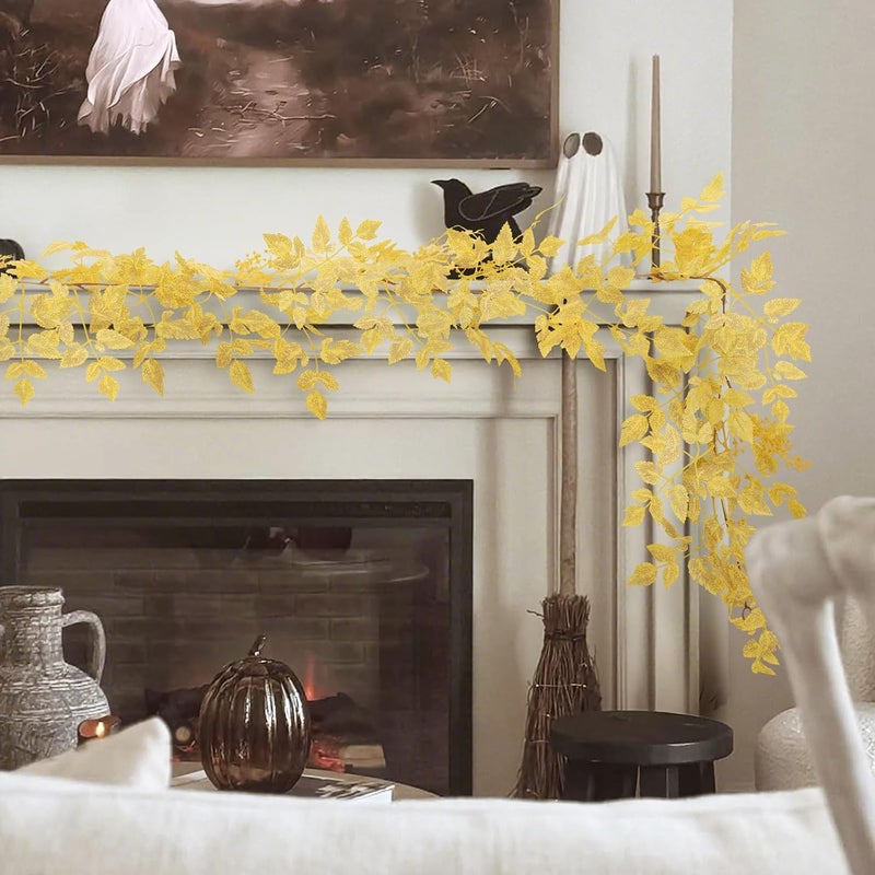 NUTIKAS Neutral Fall Garland for Mantle Fireplace - 2 Pack 6Ft Plum Cimicifuga Seeded Leaf Garlands Yellow Autumn Décor Table Decorations for Home Indoor Door Halloween Realistic Leaves Garlands Outdoor - Image 3