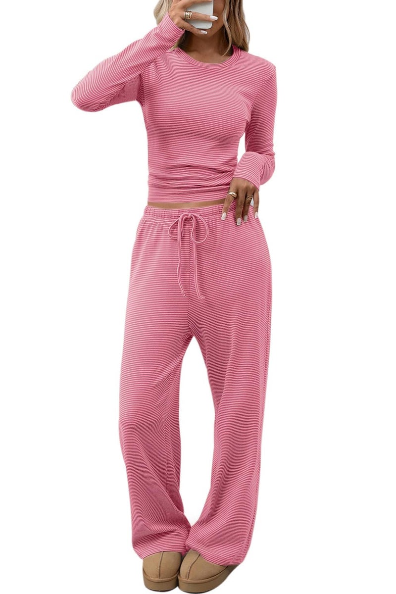 CHYRII Women Fall Clothes Y2K Tops Low Waisted Drawstring Palazzo Sweatpants Traval Outfits 2 Piece Sets Rosy L - Image 1