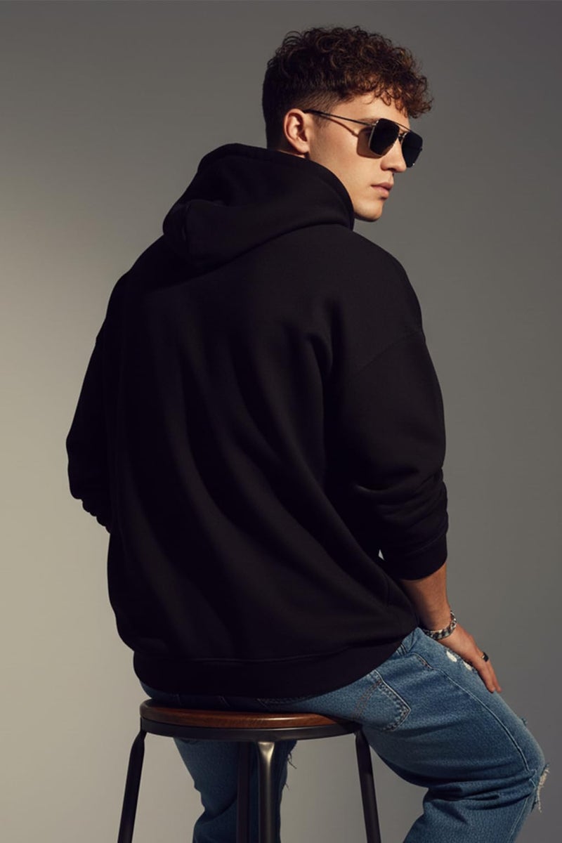 Veirdo® Polycotton Spun Oversized Fit Drop Shoulder Hooded Sweatshirt Full Sleeves Solid Jumper Hoodie for Men/Boys (OS_HDY_V_SP_BK_XL) Black - Image 5
