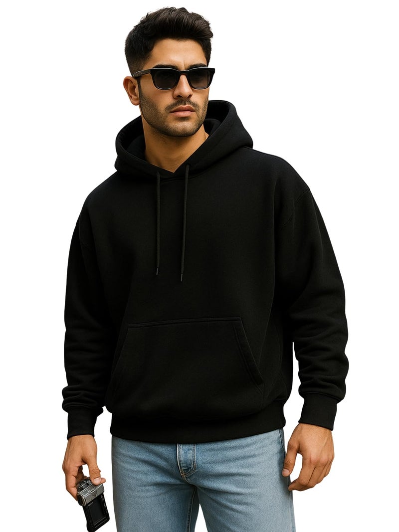 Veirdo® Polycotton Spun Oversized Fit Drop Shoulder Hooded Sweatshirt Full Sleeves Solid Jumper Hoodie for Men/Boys (OS_HDY_V_SP_BK_XL) Black - Image 1