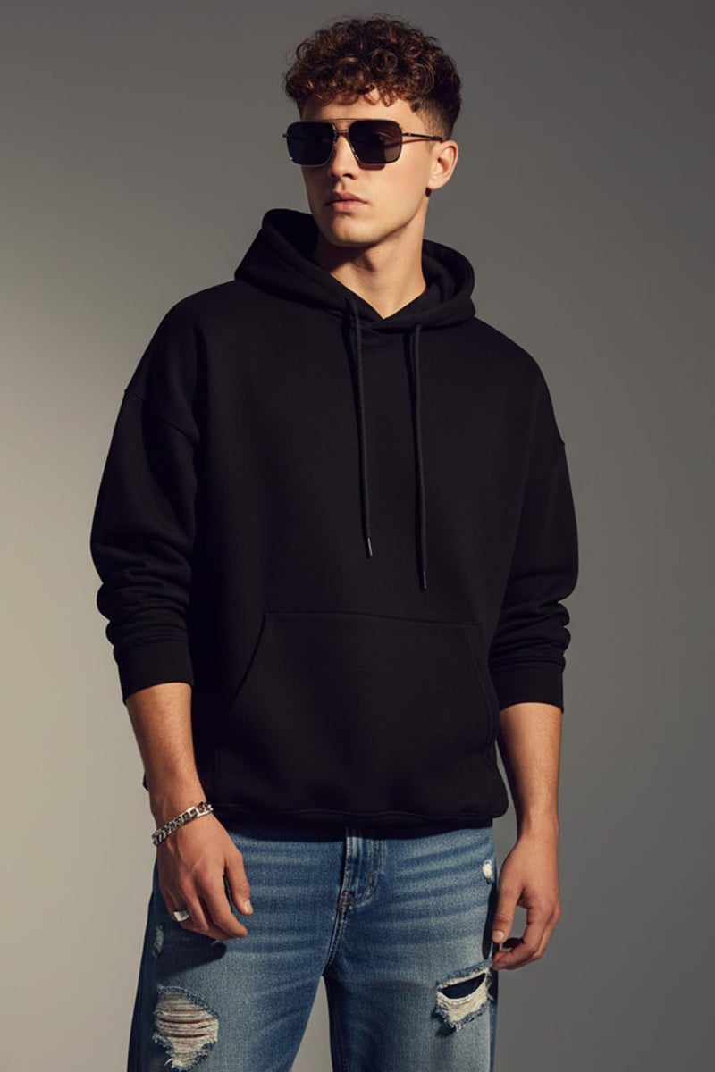 Veirdo® Polycotton Spun Oversized Fit Drop Shoulder Hooded Sweatshirt Full Sleeves Solid Jumper Hoodie for Men/Boys (OS_HDY_V_SP_BK_XL) Black - Image 3