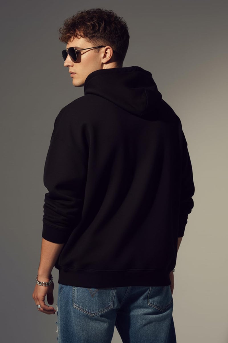 Veirdo® Polycotton Spun Oversized Fit Drop Shoulder Hooded Sweatshirt Full Sleeves Solid Jumper Hoodie for Men/Boys (OS_HDY_V_SP_BK_XL) Black - Image 4