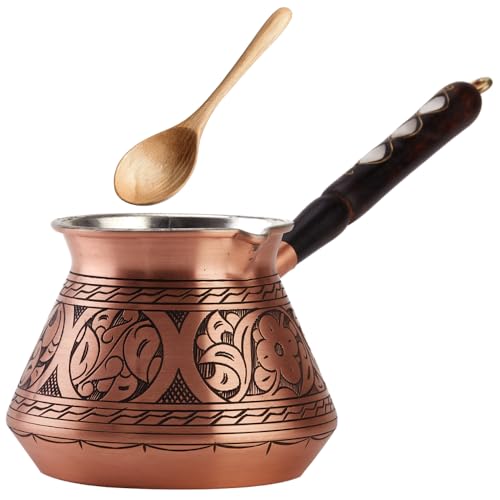 DEMMEX 15 oz Large Copper Turkish Coffee Pot Cezve Ibrik Greek Coffee Briki Stovetop Coffee Maker with Wooden Handle Spoon 1mm Thick Copper Handmade Engraved in TURKEY 6 Servings - Image 1