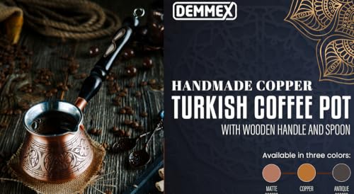DEMMEX 15 oz Large Copper Turkish Coffee Pot Cezve Ibrik Greek Coffee Briki Stovetop Coffee Maker with Wooden Handle Spoon 1mm Thick Copper Handmade Engraved in TURKEY 6 Servings - Image 3