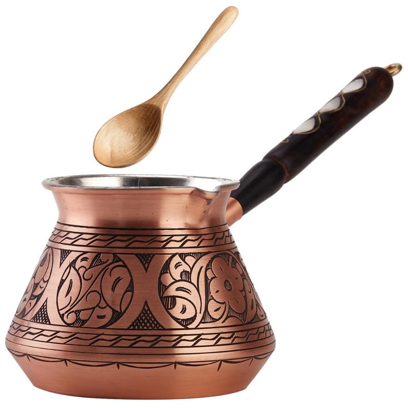 DEMMEX 15 oz Large Copper Turkish Coffee Pot Cezve Ibrik Greek Coffee Briki Stovetop Coffee Maker with Wooden Handle Spoon 1mm Thick Copper Handmade Engraved in TURKEY 6 Servings - Image 2