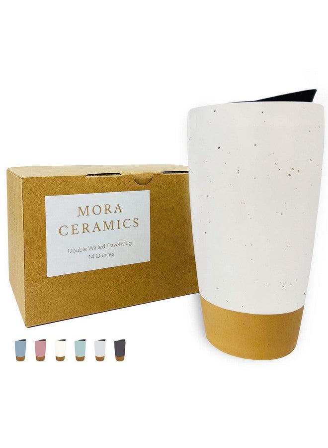 Mora كوب سفر سيراميك مزدوج الجدار من مورا مع غطاء، 14 أونصة، محمول، آمن للاستخدام في الميكروويف وغسالة الصحون، كوب طويل معزول قابل لإعادة الاستخدام، غطاء مقاوم للتنقيط - كوب للسفر لحامل أكواب السيارة، أبيض قطن - Image 1