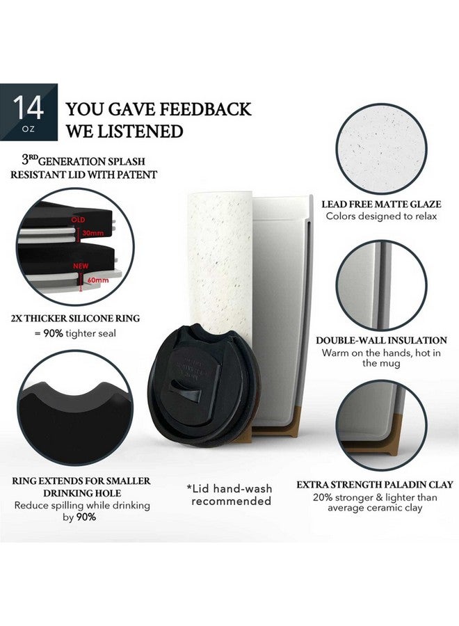 Mora كوب سفر سيراميك مزدوج الجدار من مورا مع غطاء، 14 أونصة، محمول، آمن للاستخدام في الميكروويف وغسالة الصحون، كوب طويل معزول قابل لإعادة الاستخدام، غطاء مقاوم للتنقيط - كوب للسفر لحامل أكواب السيارة، أبيض قطن - Image 4