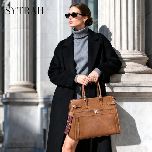 SYTRAH Laptop Tote Bag for Women Designer Faux Leather Briefcase Laptop Purse, 15.6 inch Computer Work Bags Brown with Satchel Purse - Image 3