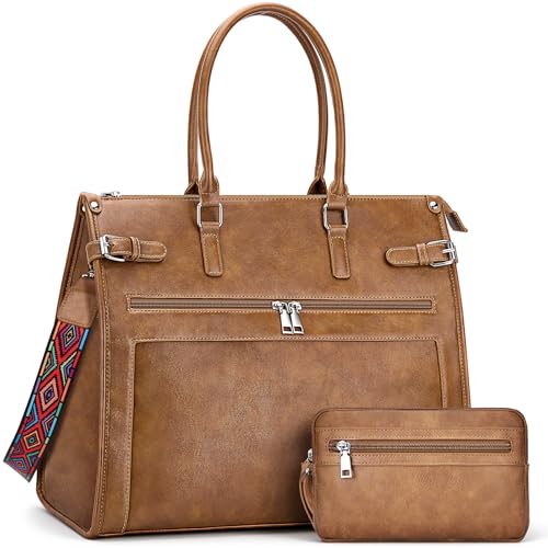 SYTRAH Laptop Tote Bag for Women Designer Faux Leather Briefcase Laptop Purse, 15.6 inch Computer Work Bags Brown with Satchel Purse - Image 1