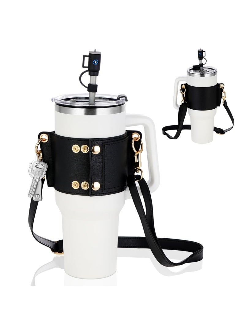 Suntown Water Bottle Holder for Stanley Tumbler, Leather Carrier Strap Compatible with Stanley 40 oz 30 oz Cup with Handle, Adjustable Strap, Credit Card Holder, Keyring, Straw Cover, Black - Image 1