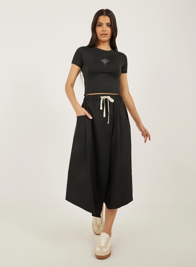 Styli Solid Drawstring Waist A-Line Midi Skirt with Pockets  - Image 1