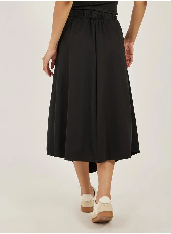 Styli Solid Drawstring Waist A-Line Midi Skirt with Pockets