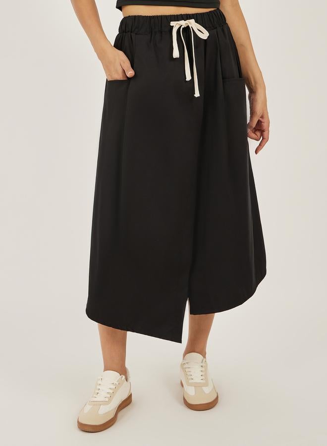 Styli Solid Drawstring Waist A-Line Midi Skirt with Pockets  - Image 2