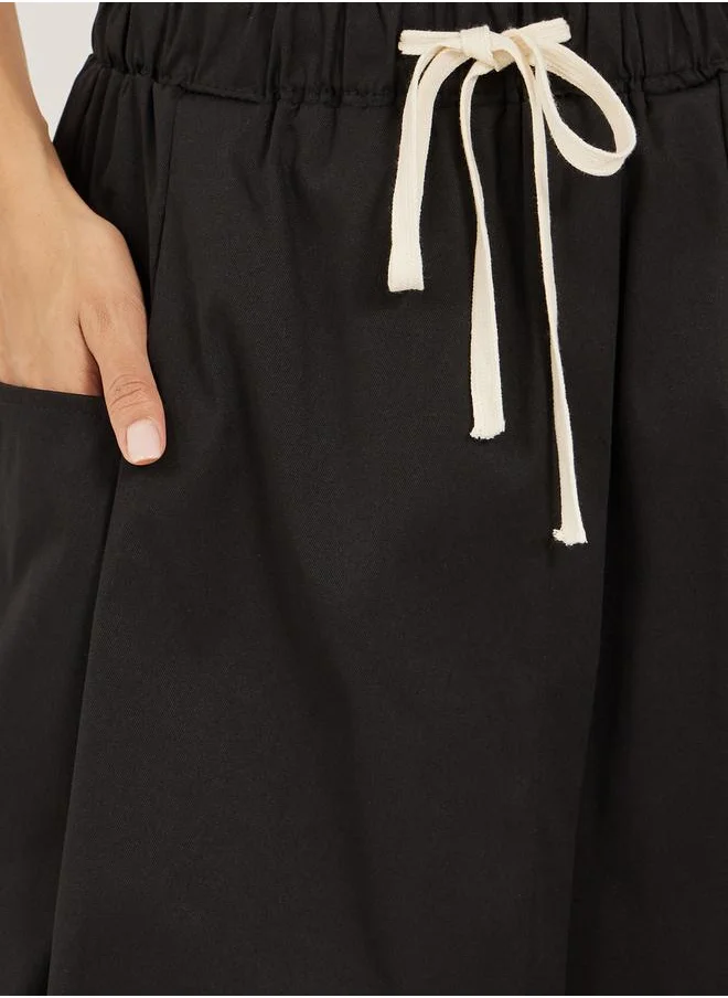Styli Solid Drawstring Waist A-Line Midi Skirt with Pockets