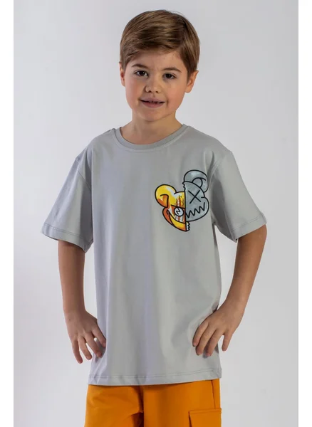 Zepkids Crew Neck Short Sleeve Monster Printed Stone Color Boy T-shirt