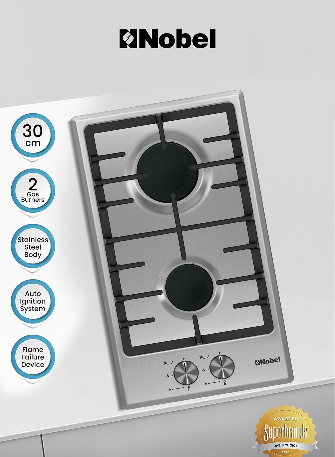 30 cm Built-in Hobs, Stainless Steel Gas Built-In Hob, Cast-Iron Monoblock, Flame Failure Device, Automatic Ignition, Inox Capped Knobs, Flat Hob Series, Premium Kitchen Appliance NBH3202SSH Silver