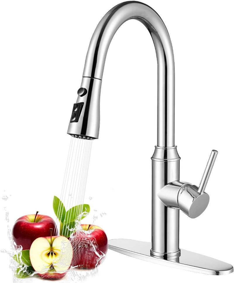 Arofa Kitchen Faucet with Pull Down Sprayer, Chrome Faucet for Kitchen Sink Stainless Steel Kitchen Faucets, Single Handle 1 or 3 Hole Faucet with Escutcheon for RV, Outdoor, Laundry & Utility Room Sink - Image 1