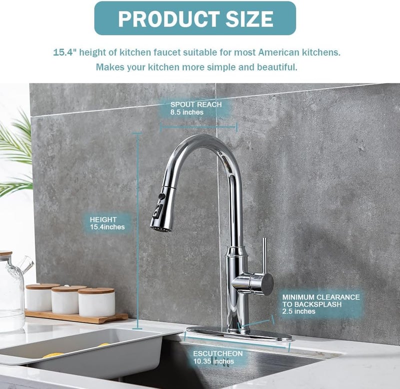 Arofa Kitchen Faucet with Pull Down Sprayer, Chrome Faucet for Kitchen Sink Stainless Steel Kitchen Faucets, Single Handle 1 or 3 Hole Faucet with Escutcheon for RV, Outdoor, Laundry & Utility Room Sink - Image 3