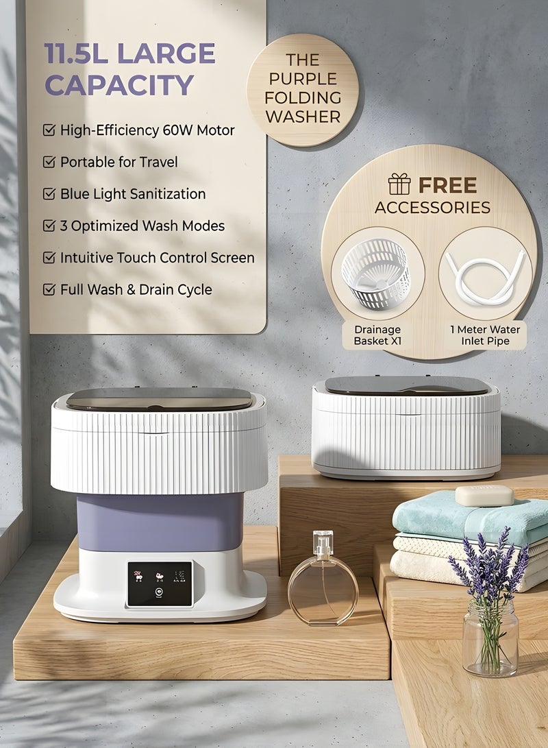 بيوينتي غسالة صغيرة محمولة مع مجفّ - سعة 11.5 لتر - غسالة قابلة للطي للمنازل، السكن الجامعي، الفنادق، السفر والتخييم (بنفسجي) - Image 2