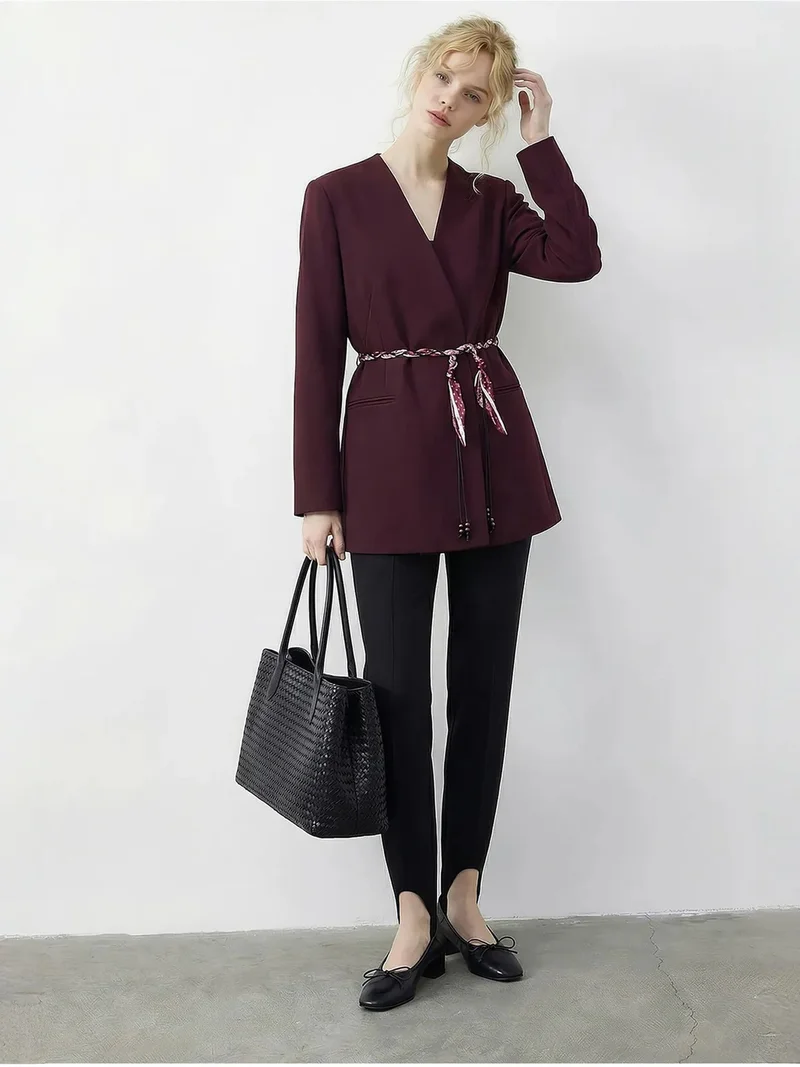 Bianco Lucci LUCCI V-Neck Belted Blazer Jacket