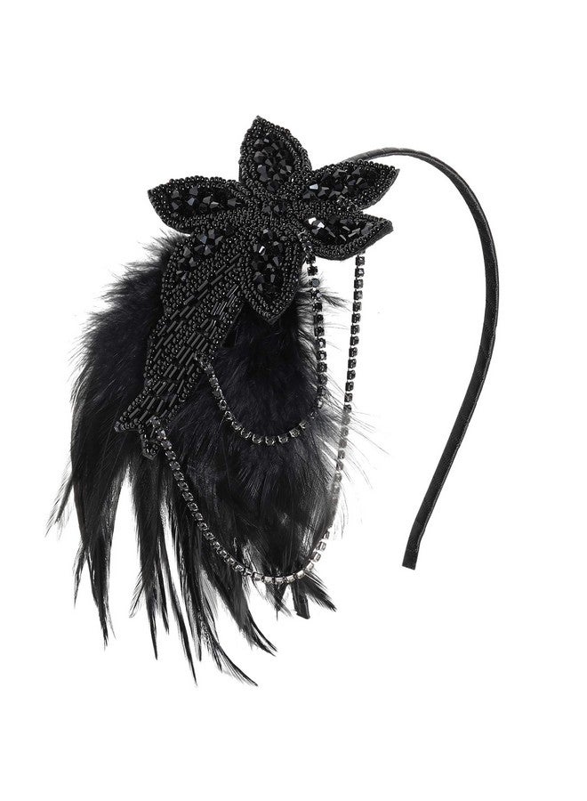BABEYOND 1920S Flapper Headband Feather Beaded Headpiece Roaring 20S Great Gatsby Hair Accessory For Party (Black) - Image 1