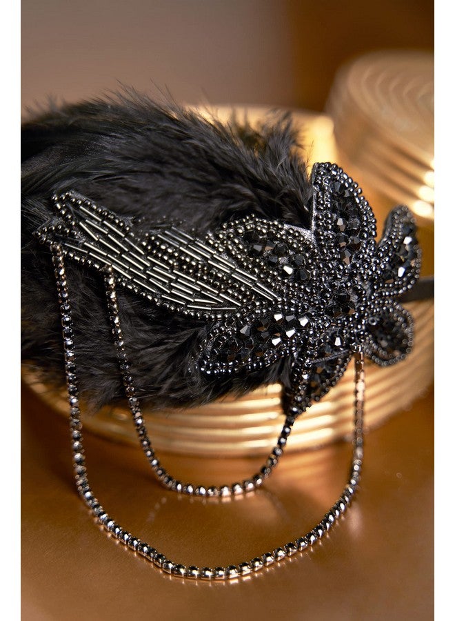 BABEYOND 1920S Flapper Headband Feather Beaded Headpiece Roaring 20S Great Gatsby Hair Accessory For Party (Black) - Image 3