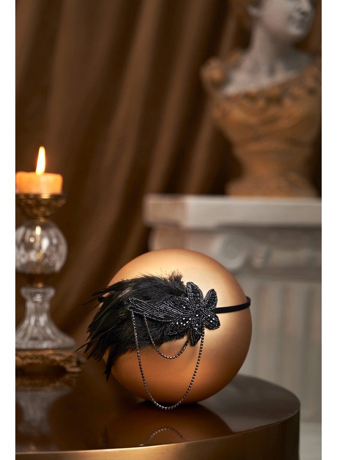 BABEYOND 1920S Flapper Headband Feather Beaded Headpiece Roaring 20S Great Gatsby Hair Accessory For Party (Black) - Image 2