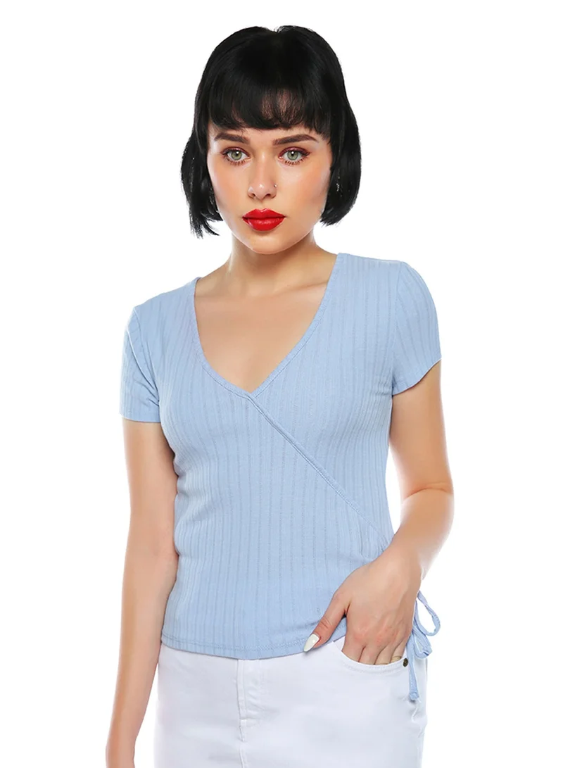 Periwinkle Blue Solid Rib Knit Wrap Top