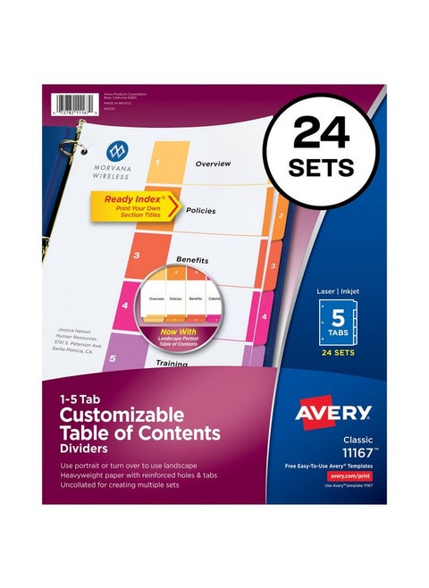 Avery 5 Tab Dividers for 3 Ring Binders, Customizable Table of Contents, Multicolor Tabs, 24 Sets (11167)