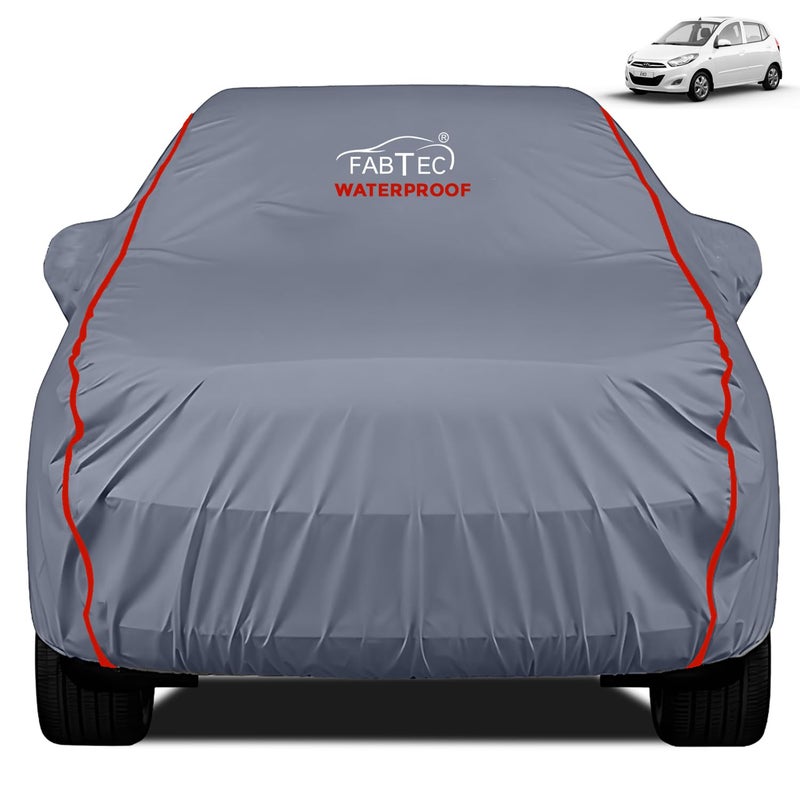 FABTEC Waterproof Premium Car Cover for Hyundai I10 Old with Mirror Pocket Super Waterproof Car Body Cover Heavy Duty Durable PEVA Grey with Red Piping - Image 1
