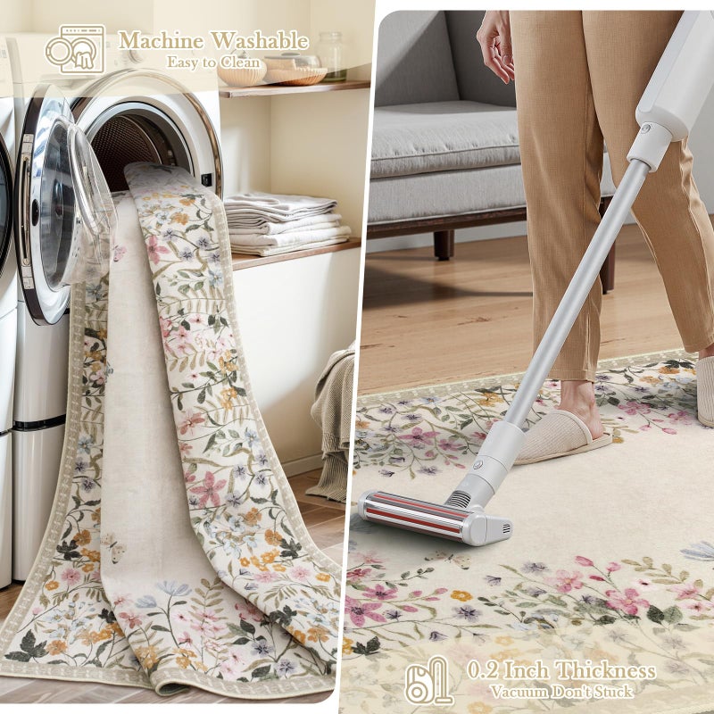 Wonnitar Washable 4x6 Rug for Bedroom, Floral Print Area Rug for Living Room, Non-Slip Entryway Throw Mat, Low Pile Botanical Area Rug Floor Carpet for Bedside (Beige,4'x6') - Image 4