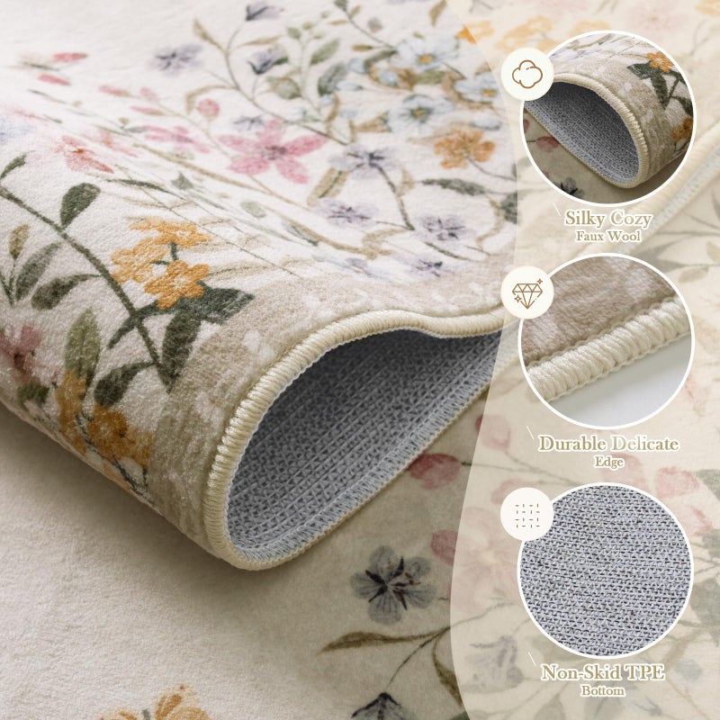 Wonnitar Washable 4x6 Rug for Bedroom, Floral Print Area Rug for Living Room, Non-Slip Entryway Throw Mat, Low Pile Botanical Area Rug Floor Carpet for Bedside (Beige,4'x6') - Image 3