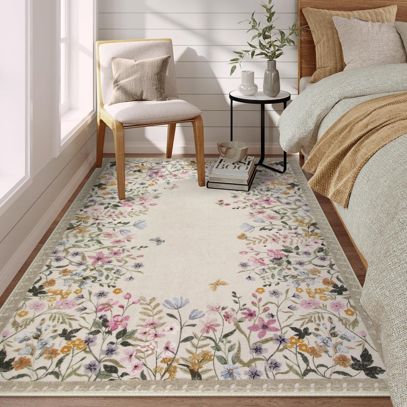 Wonnitar Washable 4x6 Rug for Bedroom, Floral Print Area Rug for Living Room, Non-Slip Entryway Throw Mat, Low Pile Botanical Area Rug Floor Carpet for Bedside (Beige,4'x6') - Image 1