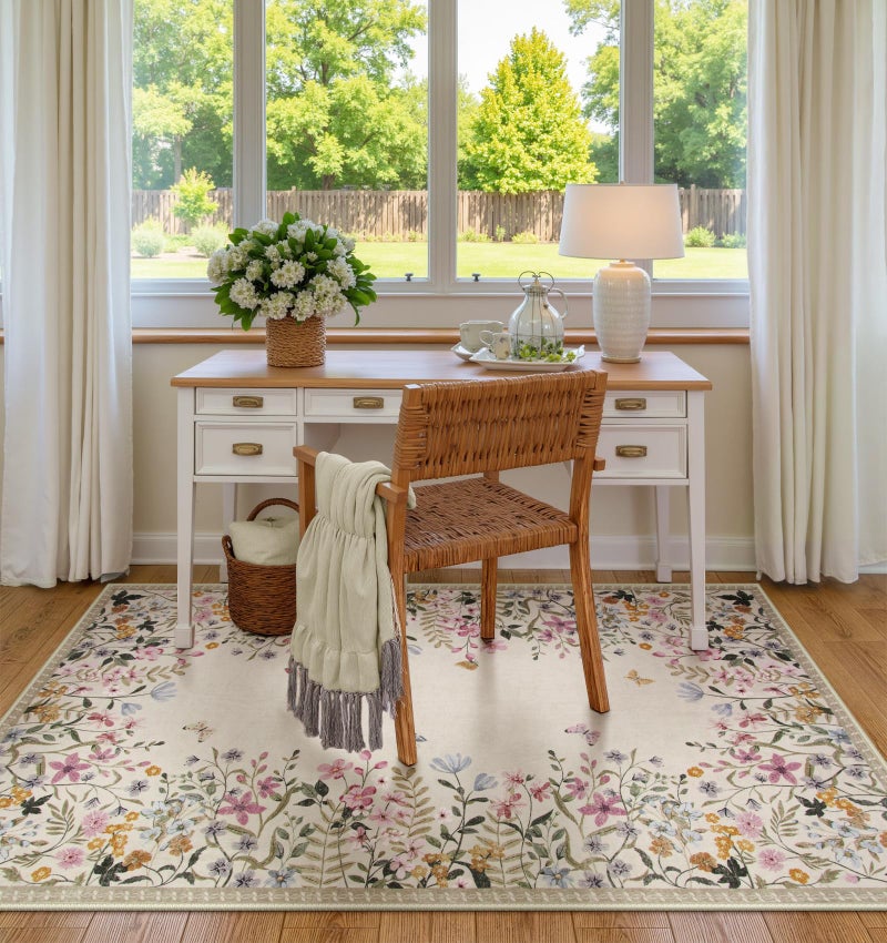 Wonnitar Washable 4x6 Rug for Bedroom, Floral Print Area Rug for Living Room, Non-Slip Entryway Throw Mat, Low Pile Botanical Area Rug Floor Carpet for Bedside (Beige,4'x6') - Image 5