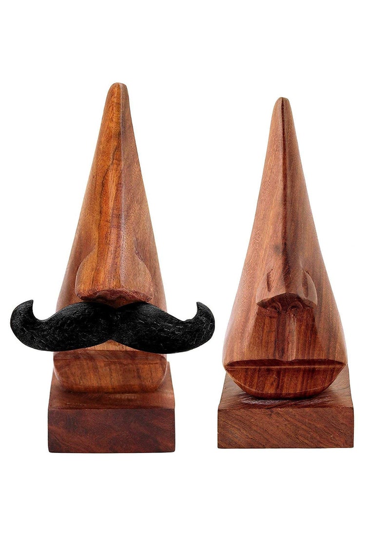 MANGDAI24 MANGDAI24 Handmade Wooden Nose Shaped Spectacle Specs Eyeglass Holder Stand with Moustache 6 inches Set of 2  - Image 1