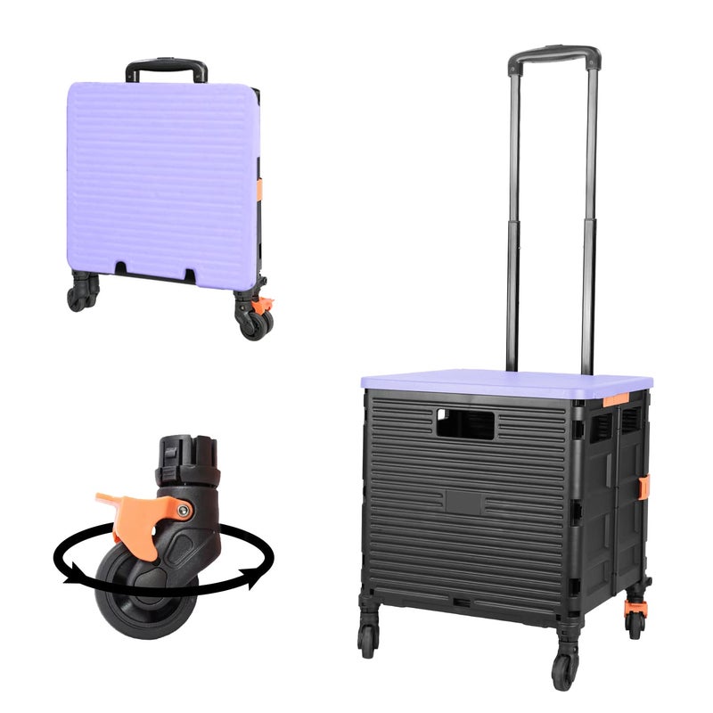 FELICON Quick Utility Cart Folding Portable Rolling Crate Handcart with Durable Heavy Duty Plastic Telescoping Handle Collapsible 4 Rotate Wheels for Travel Shopping Moving Luggage Office Use 