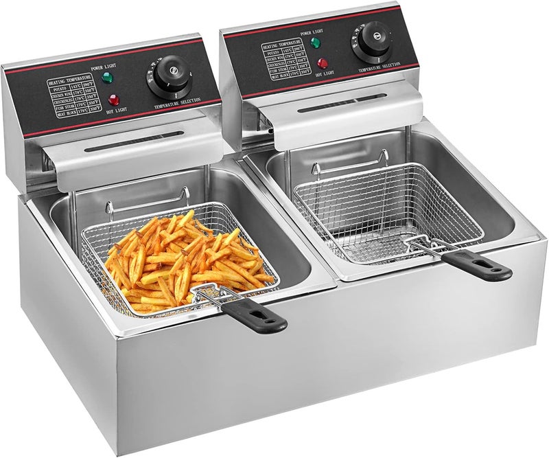VEVOR 12L Stainless Steel Electric Deep Fryer Commercial Double Tank 5000W Deep Fryer with 2 Frying Baskets with Rubber Handle for Frying Food Cooking - Image 1