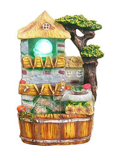 CHRONIKLE Polyresin Hut Style Tabletop Indoor Home Decor 3 Steps Water Fountain with Multicolor LED Water Flow Controller Pump Crystal Ball Size 35 x 24 x 19CM Color Multi Weight 2055 Gram
