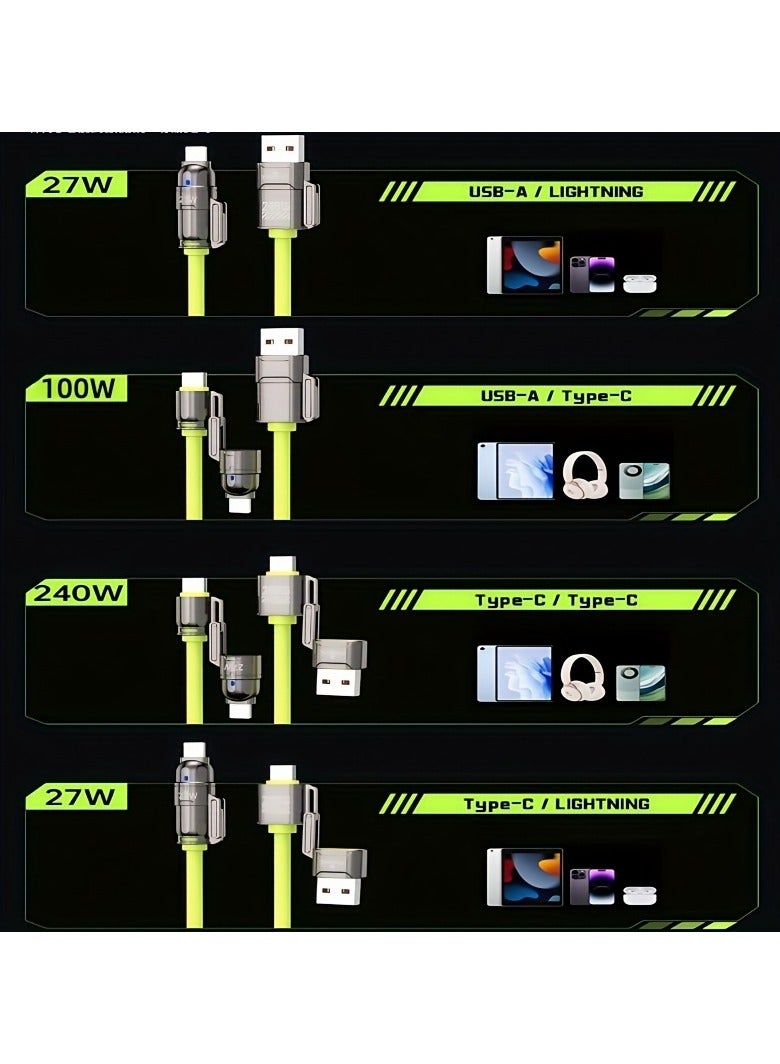 AROAQ Durable 240W Super Fast Charging Cable 4 in 1 USB Type-C Lightning and Micro USB Adapter with Silicone Cover 4.5mm Thick for iPhone, iPad, Samsung, MacBook, Fast Charging Cable Modern Charging Cable - Image 4