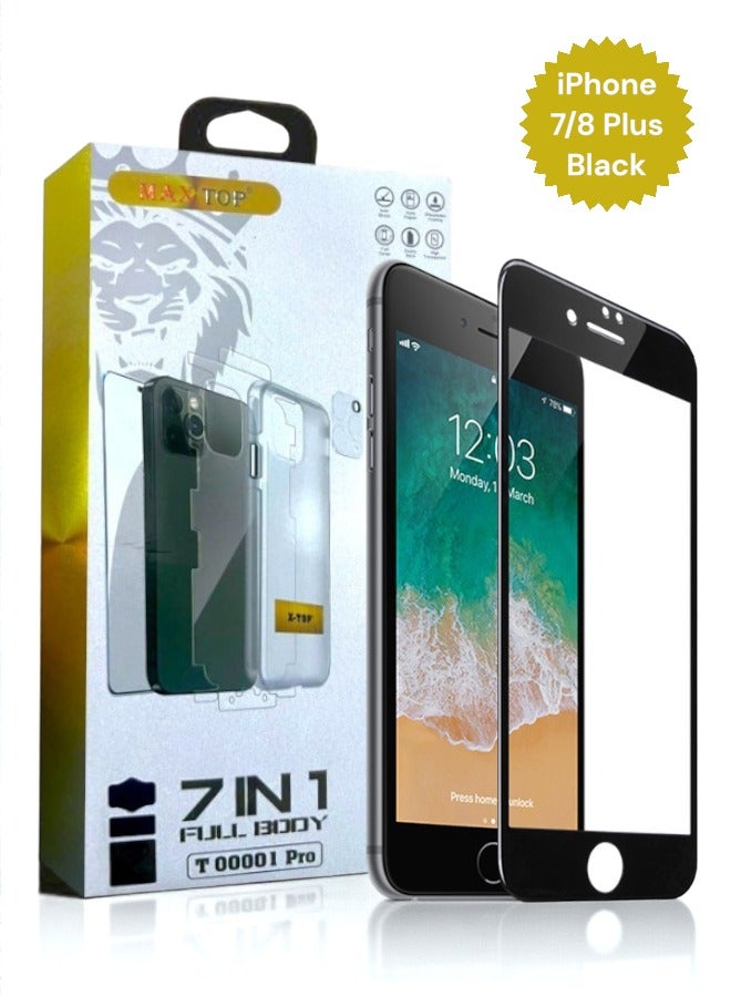 بكج الحماية الكاملة لـ آيفون 7/8 بلس (حواف سوداء لحماية الشاشة) (iPhone 7/8 Plus) جراب حماية مصنوع من مواد عالية الجودة, حماية الشاشة بوضوح عالي, واقي عدسات الكاميرا, واقي لحماية خلفية الهاتف, حماية قصوى ضد الخدوش والكسر