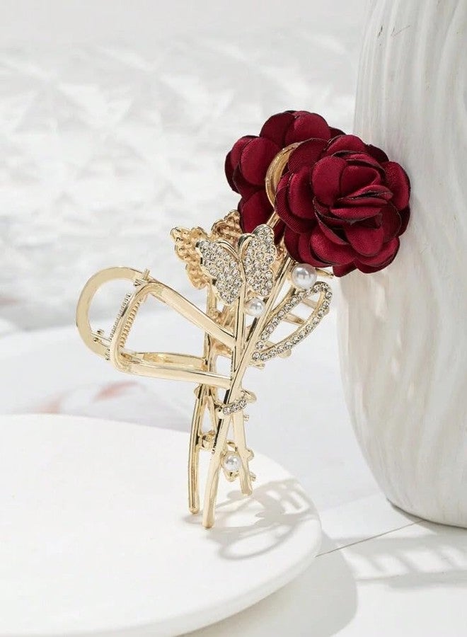 DENICRAAS Flower Butterfly Hair Claw Clip for Girls & Women | Luxurious Stylish Hair Accessory | Strong Grip Elegant Design for Daily (Red) - Image 1