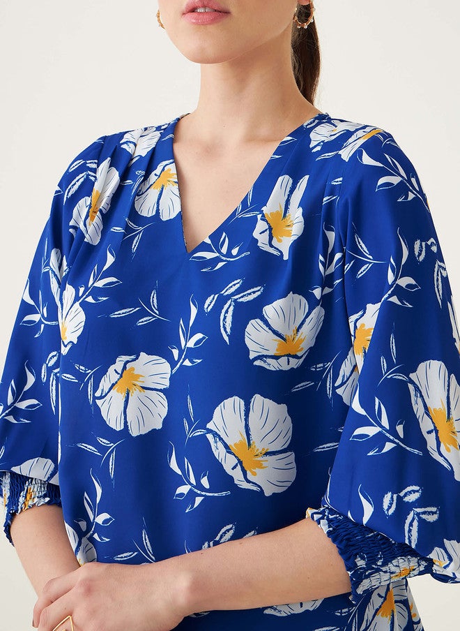 SALT ATTIRE Blue & White Printed V-Neck Tunic and Trousers Co-Ord Set - Image 2