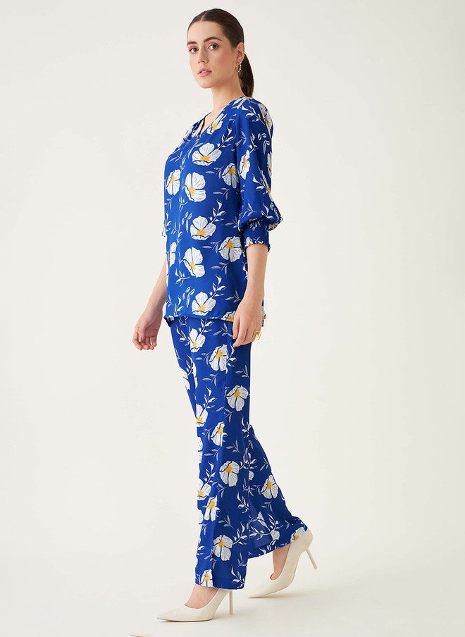 SALT ATTIRE Blue & White Printed V-Neck Tunic and Trousers Co-Ord Set - Image 3