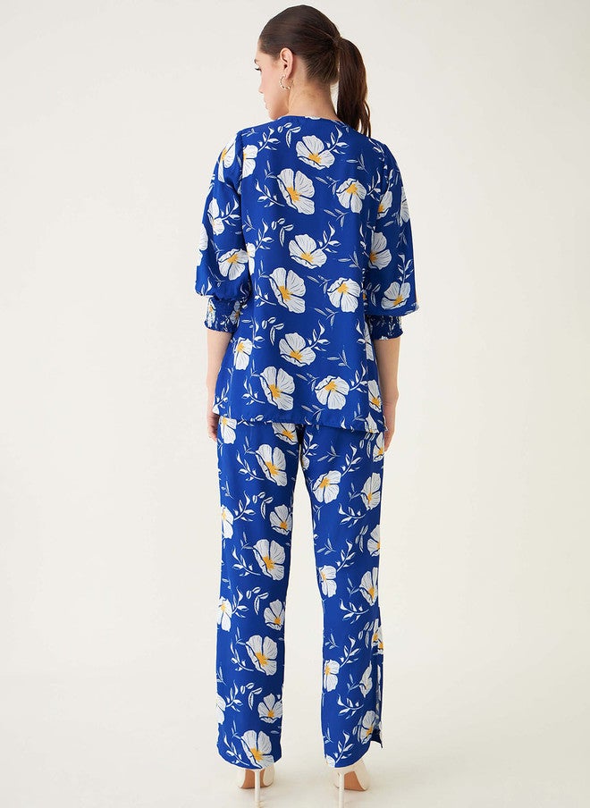 SALT ATTIRE Blue & White Printed V-Neck Tunic and Trousers Co-Ord Set - Image 4