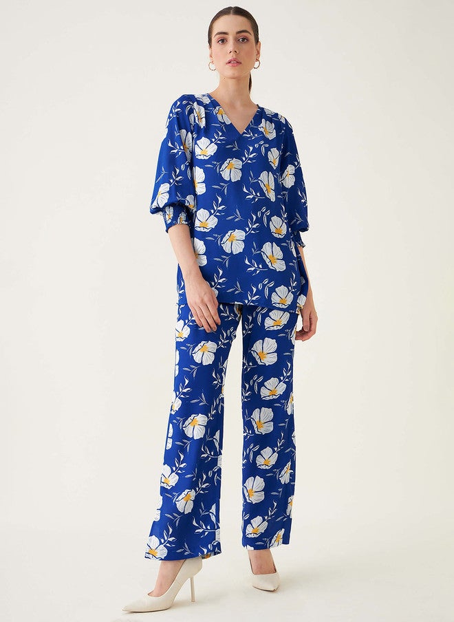 SALT ATTIRE Blue & White Printed V-Neck Tunic and Trousers Co-Ord Set - Image 1