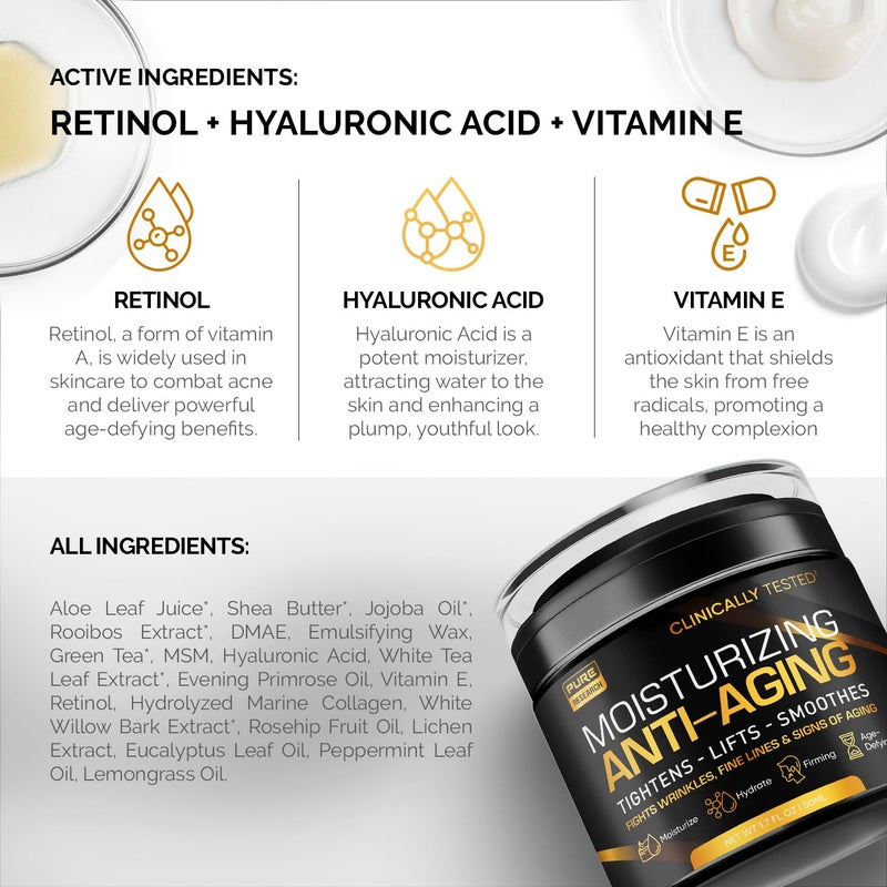 PURE RESEARCH Men's Face Cream Moisturizer - Anti-Aging Cream For Men, Collagen, Retinol & Hyaluronic Acid - Day & Night - Facial Skin Care- Anti Wrinkle 1.7 oz - Image 2