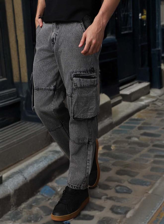 HIGH STAR Men'S Grey 100% Cotton Washed Regular Length Cargo Straight Fit Jeans - Image 1